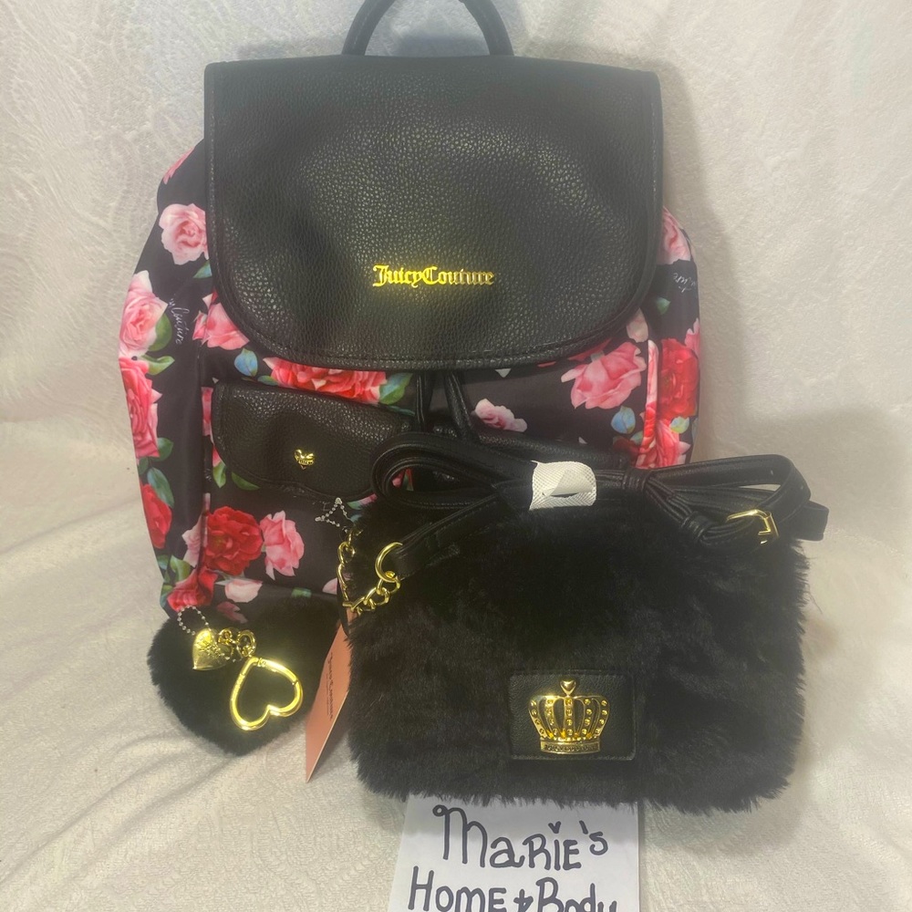 Juicy couture Womans 3pc bag set backpack crossbody purse furry heart charm BNWT